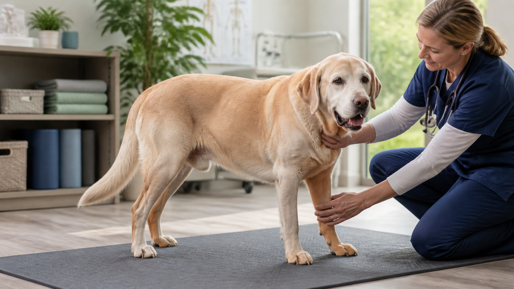Veterinario evaluando la movilidad de un perro senior con artritis
