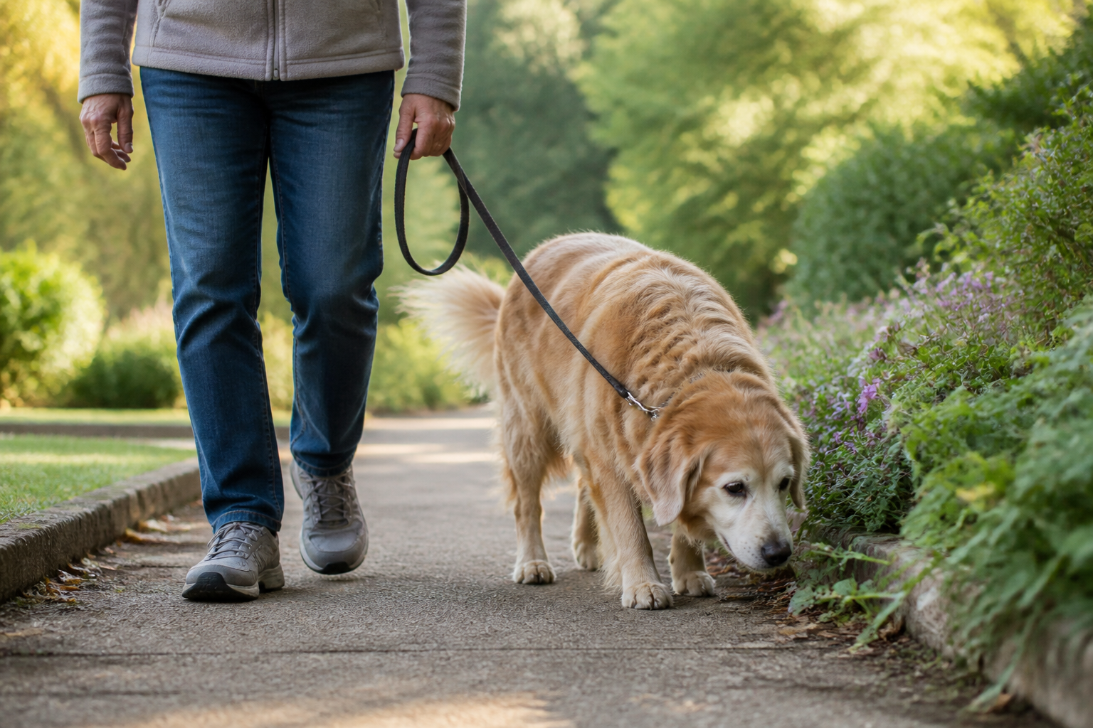 Perro senior dando un paseo suave para conservar su calidad de vida