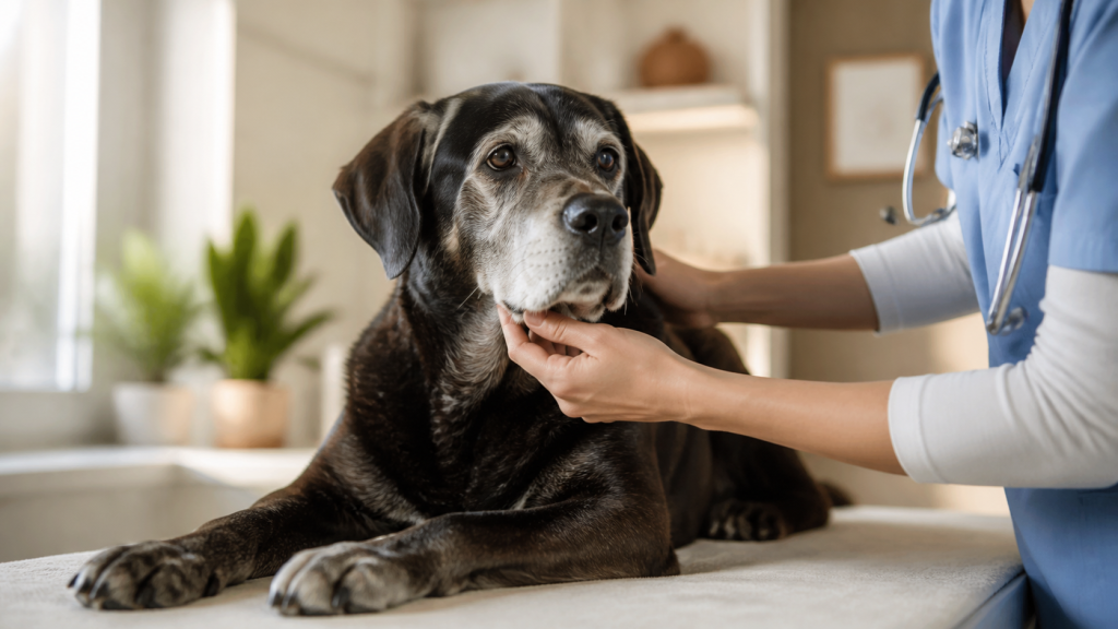 Veterinario realizando una revisión geriátrica a un perro senior