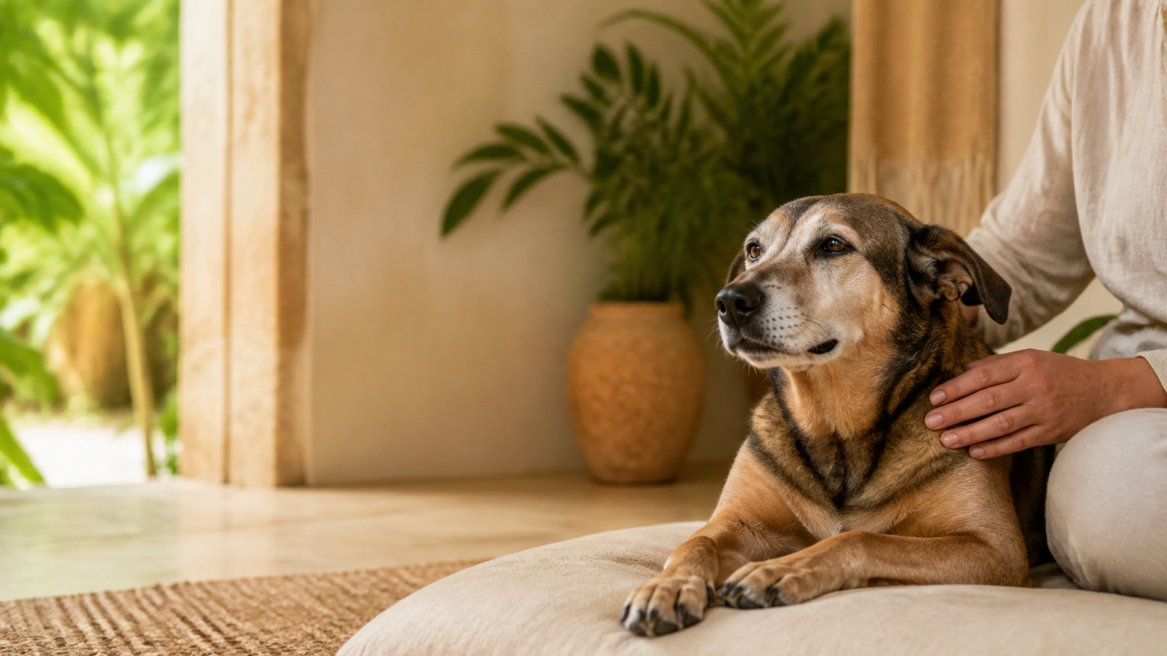 Perro senior acompañado con cuidado y serenidad en casa