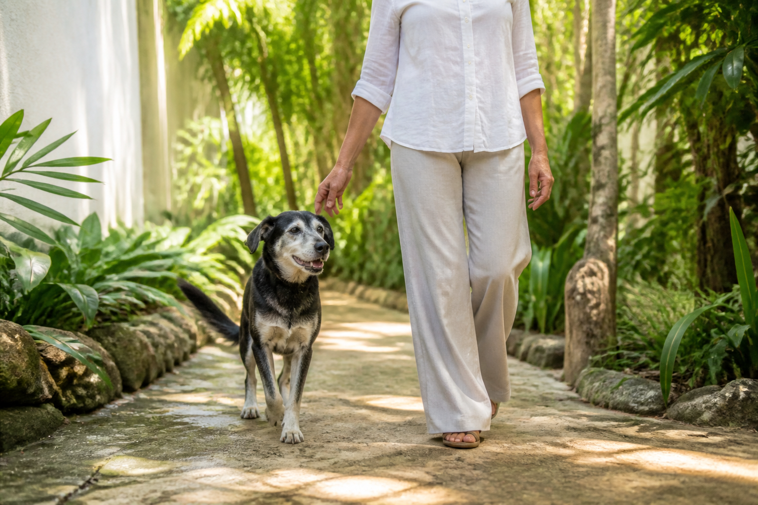 Perro senior durante una caminata suave para conservar su movilidad