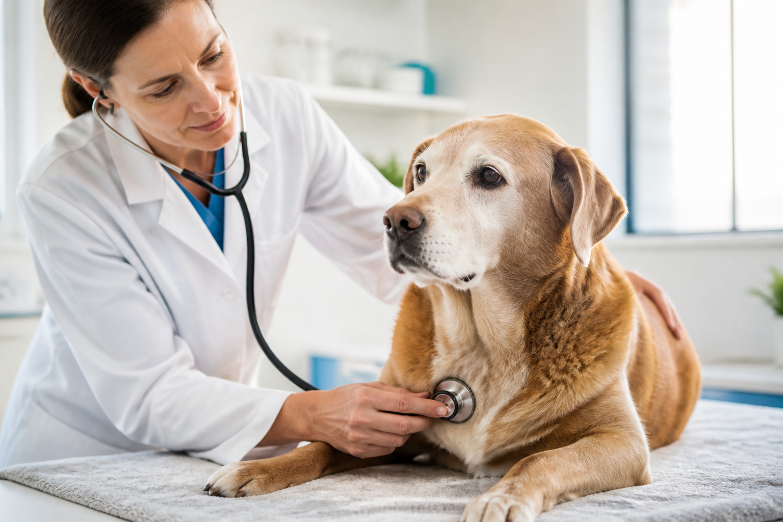 Veterinario revisando el corazón de un perro senior con estetoscopio