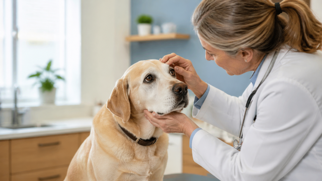 Veterinario realizando una revisión ocular a un perro senior