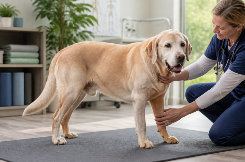 Veterinario evaluando la movilidad de un perro senior con artritis