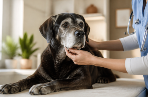 Veterinario realizando una revisión geriátrica a un perro senior