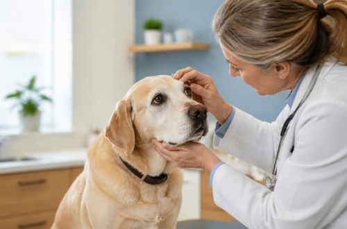 Veterinario realizando una revisión ocular a un perro senior